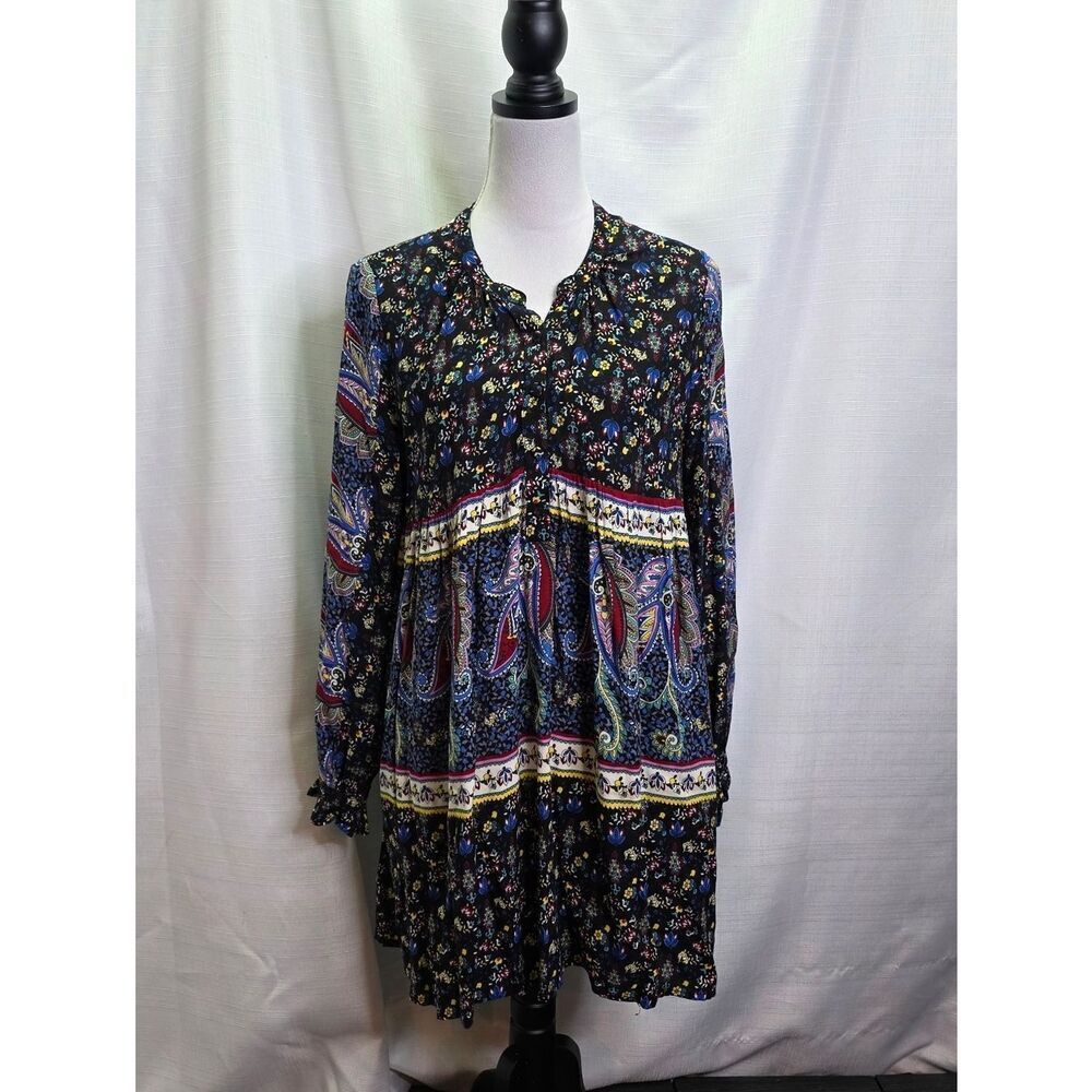 Umgee Black Floral and Paisley Long Sleeve Boho Babydoll Shift Dress Size Small